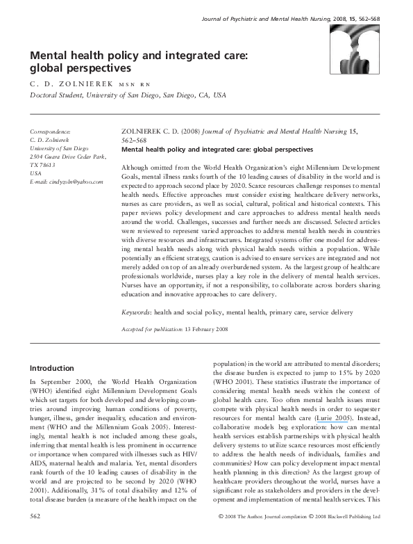 (PDF) Mental health policy and integrated care: global perspectives