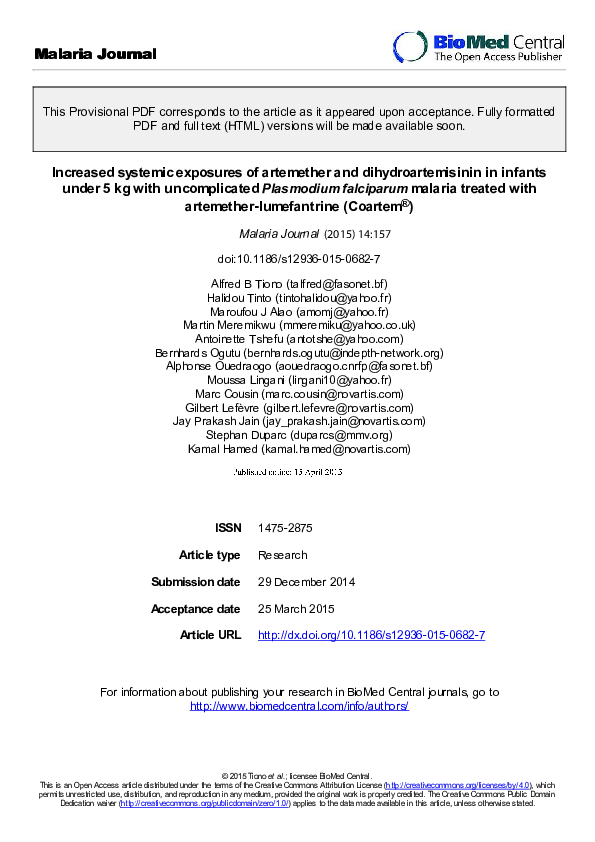 (PDF) Increased systemic exposures of artemether and dihydroartemisinin ...