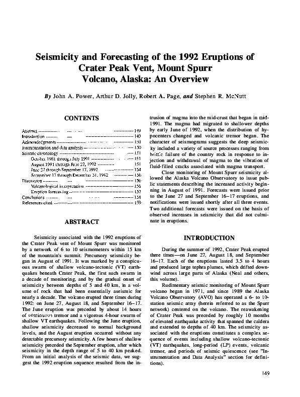 (PDF) Seismicity and Forecasting of the 1992 Eruptions of Crater Peak Vent, Mount Spurr Volcano