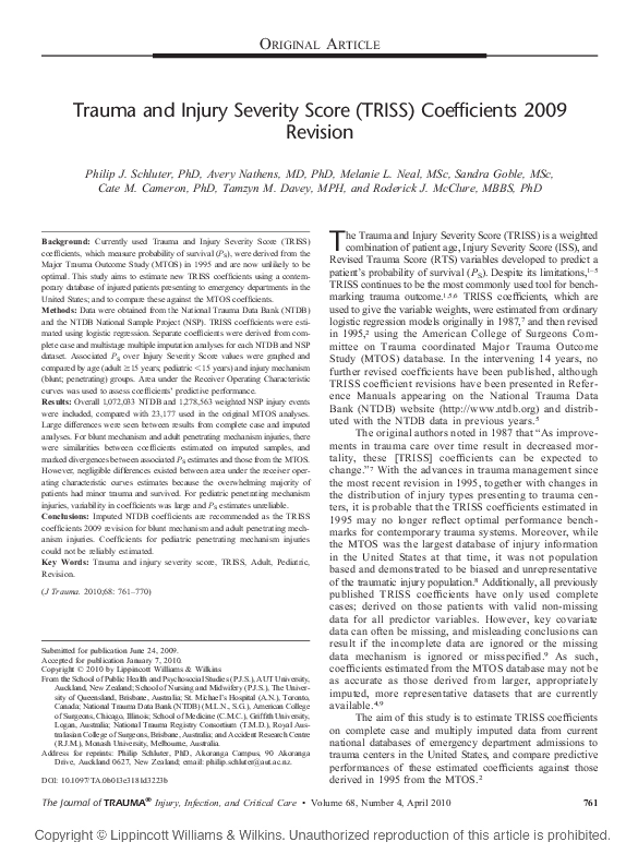 (PDF) Trauma and Injury Severity Score (TRISS) Coefficients 2009 Revision