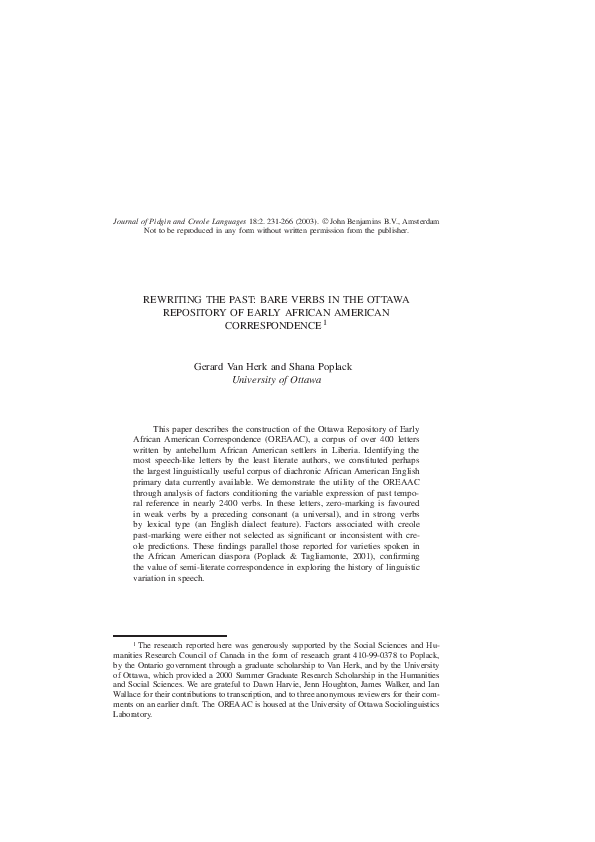 Rewriting the past Bare verbs in the Ottawa Repository of Early