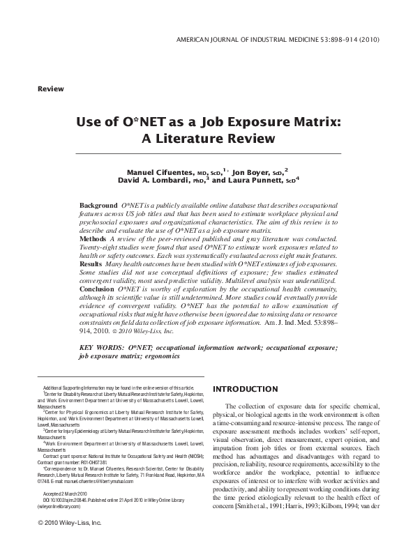 (PDF) Use of O*NET as a job exposure matrix: A literature review