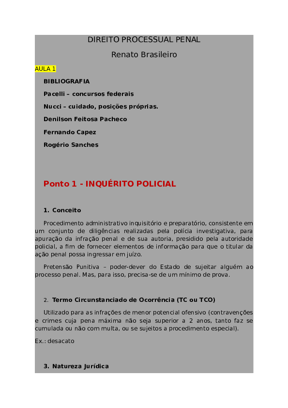 (DOC) DIREITO PROCESSUAL PENAL Ponto 1