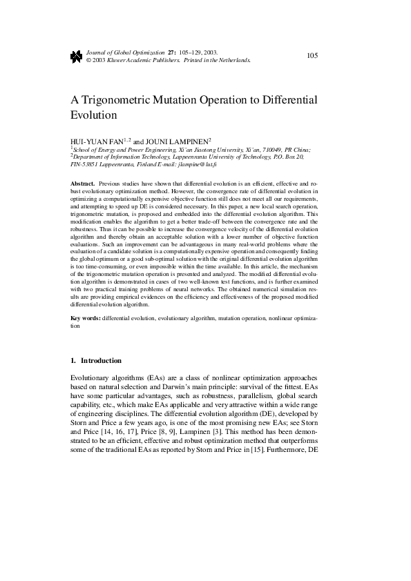 (PDF) A trigonometric mutation operation to differential evolution
