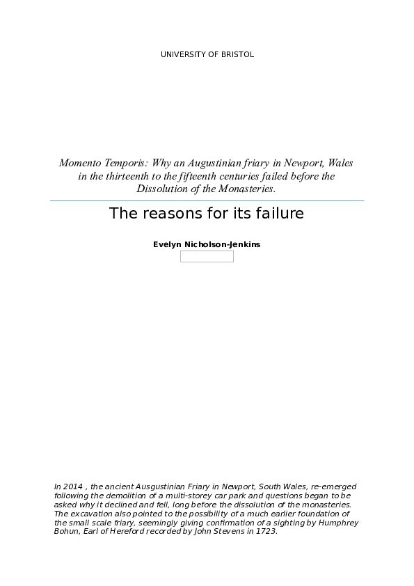 The Decline and Fall of the Newport Austin Friars 1256-1538