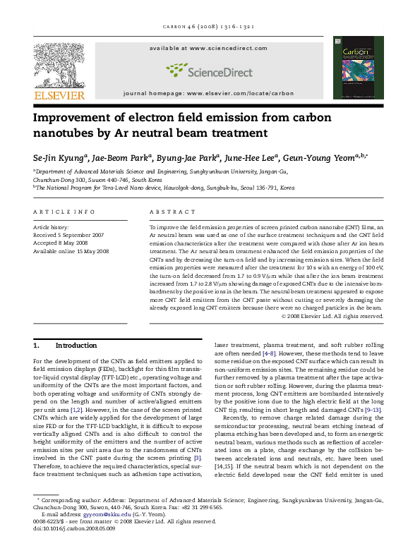 (PDF) Improvement of electron field emission from carbon nanotubes by ...