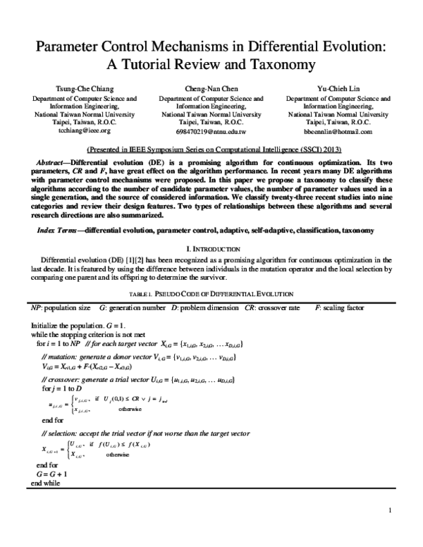 (PDF) Parameter control mechanisms in differential evolution: A ...
