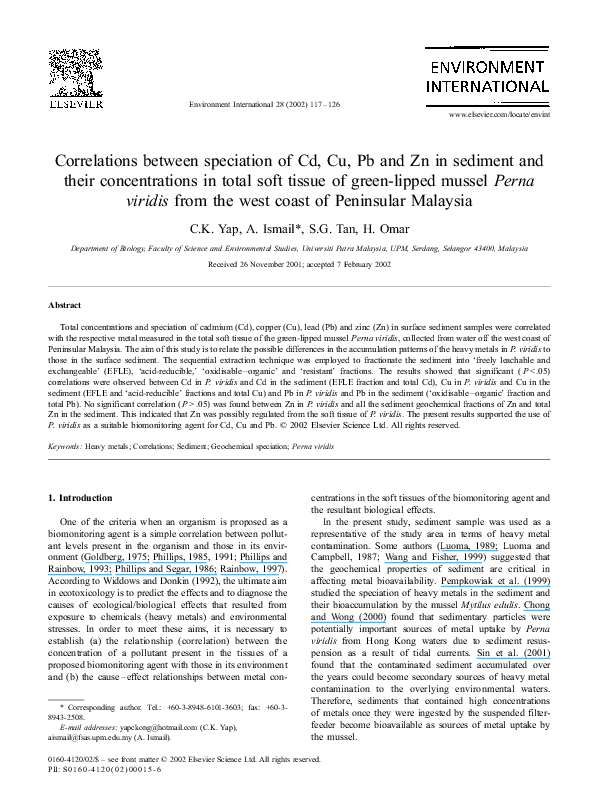 (PDF) Correlations between speciation of Cd, Cu, Pb and Zn in sediment ...