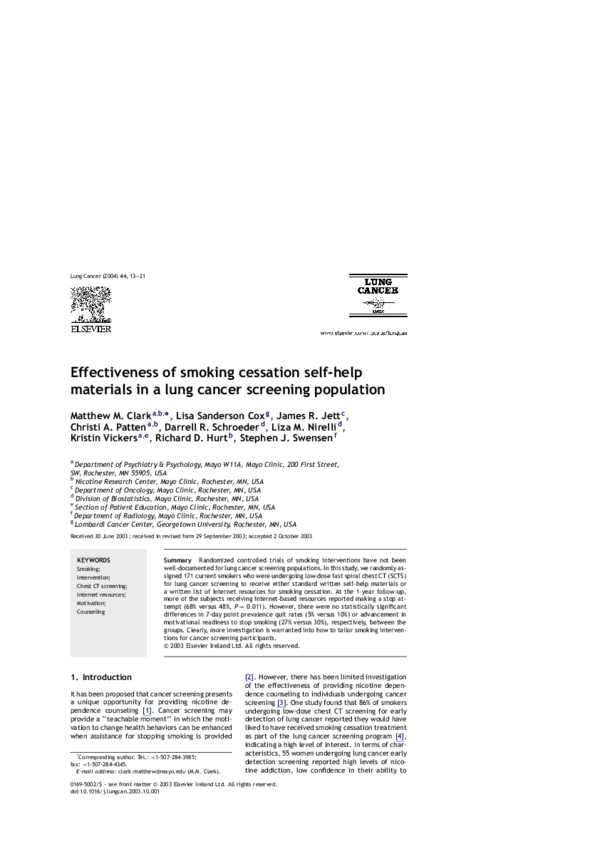 (PDF) Effectiveness of smoking cessation selfhelp materials in a lung