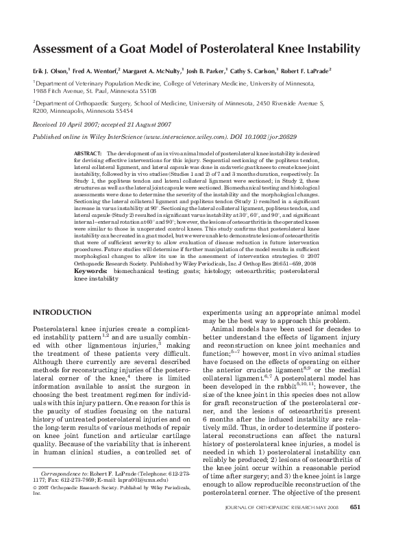 (PDF) Assessment of a goat model of posterolateral knee instability