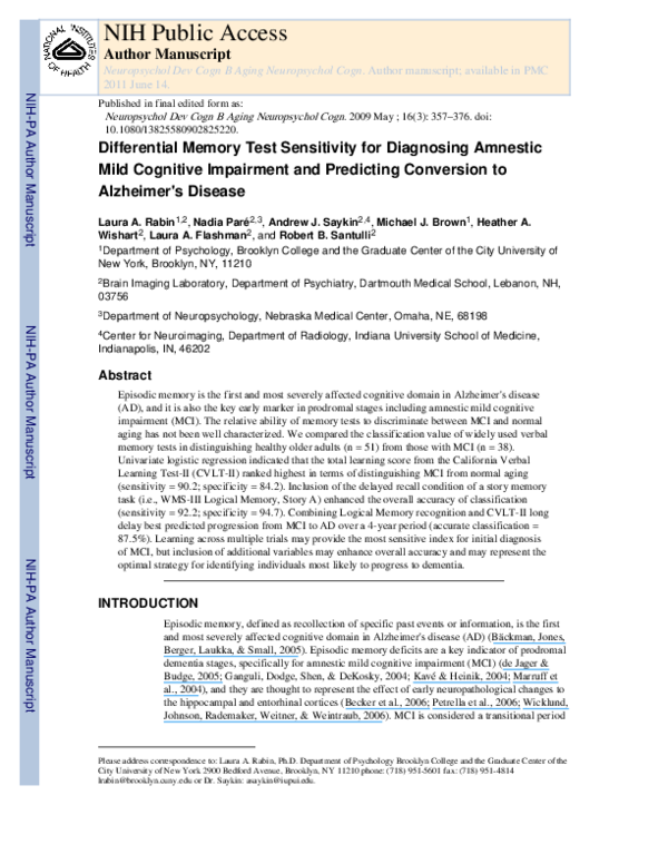 (PDF) Differential memory test sensitivity for diagnosing amnestic mild