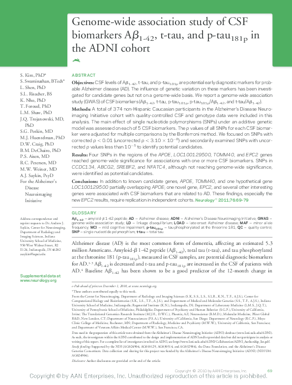 (PDF) Genome-wide association study of CSF biomarkers amyloid beta 1-42 ...