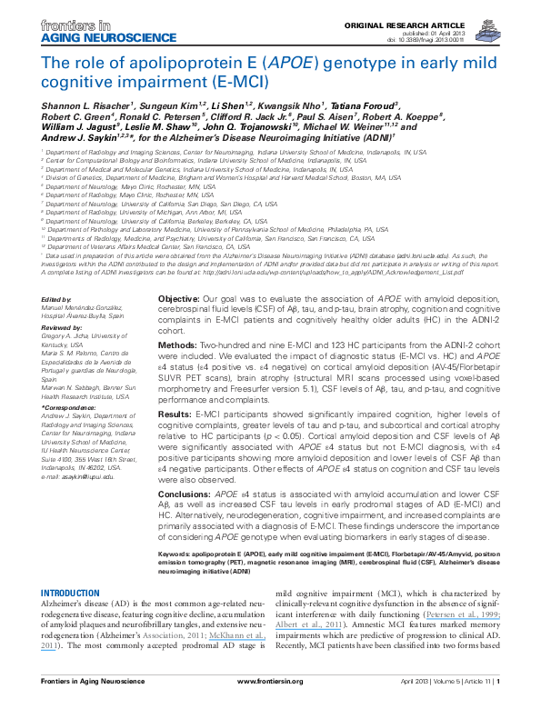 (PDF) The Role of Apolipoprotein E (APOE) Genotype in Early Mild ...