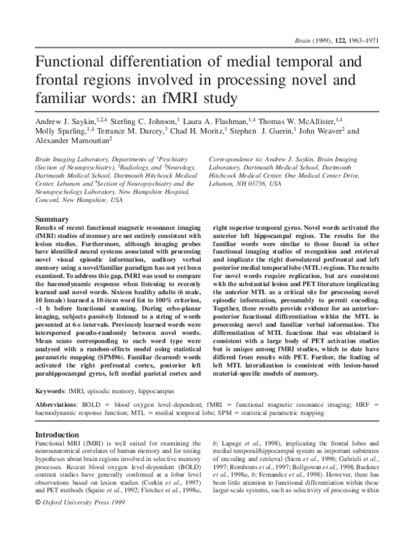 (PDF) Functional differentiation of medial temporal and frontal regions ...