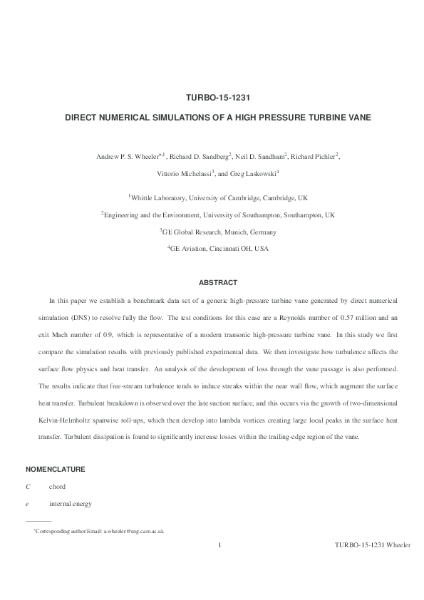DIRECT NUMERICAL SIMULATIONS OF A HIGH PRESSURE J. Turbomach 138(7 ...