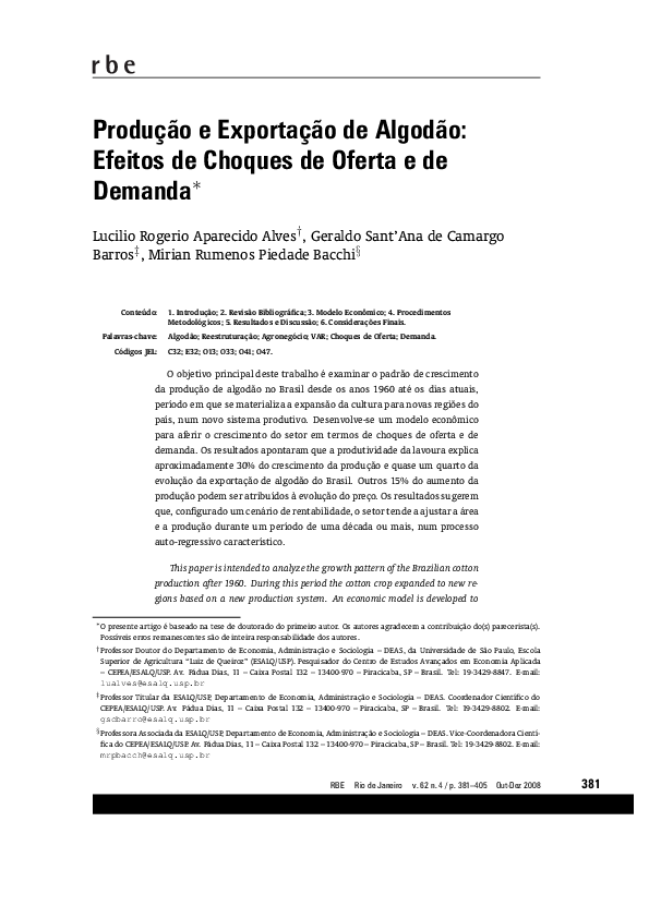 (PDF) Produção e exportação de algodão efeitos de choques de oferta e