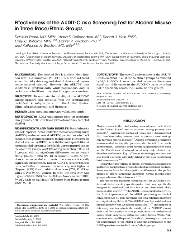 (PDF) Effectiveness of the AUDITC as a Screening Test for Alcohol Misuse in Three Race/Ethnic