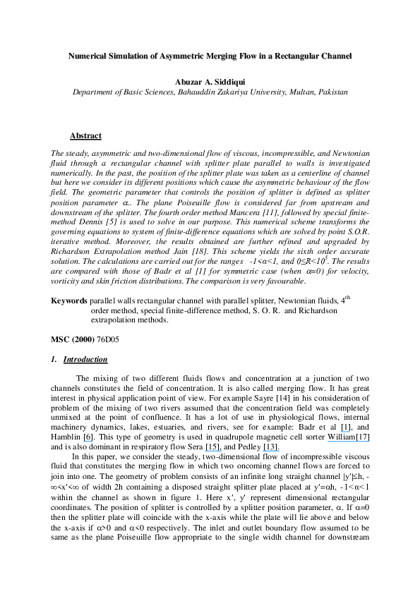 (PDF) Numerical Simulation of Asymmetric Merging Flow in a Rectangular ...