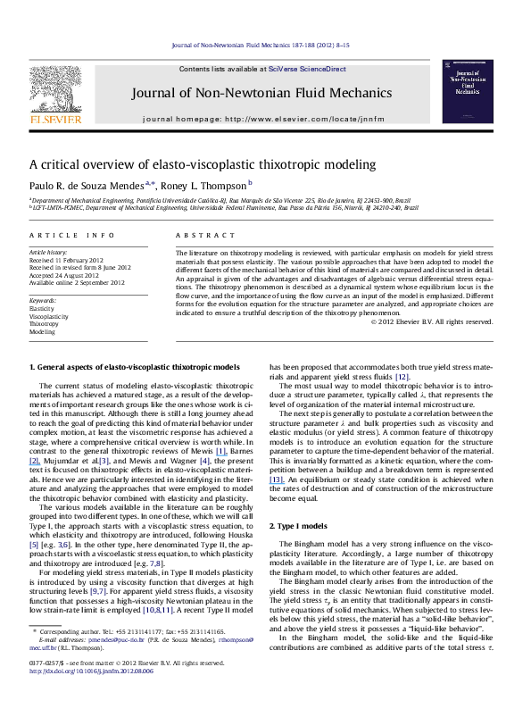 (PDF) A critical overview of elastoviscoplastic thixotropic modeling