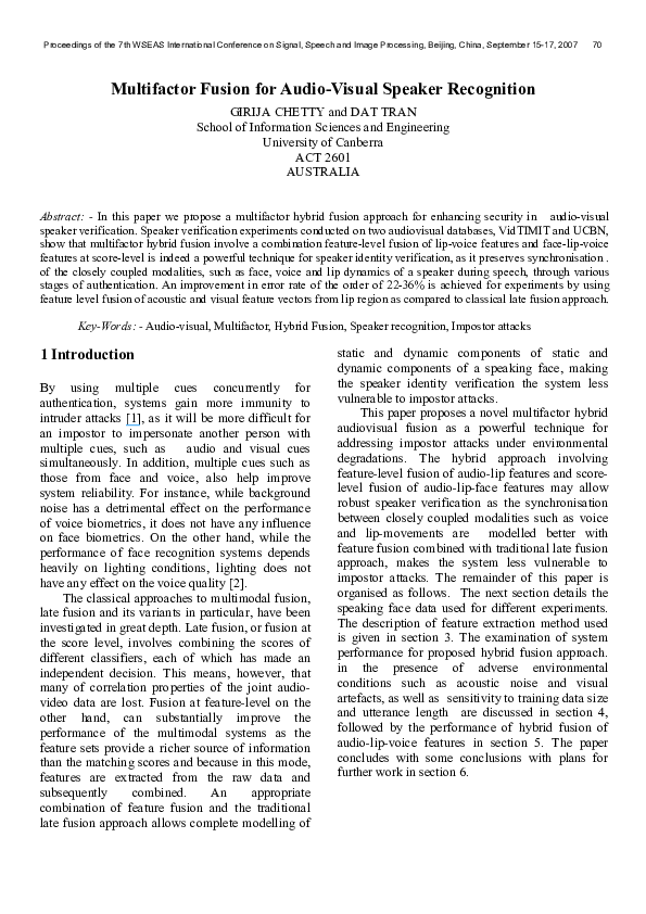 (PDF) Multifactor fusion for audio-visual speaker recognition