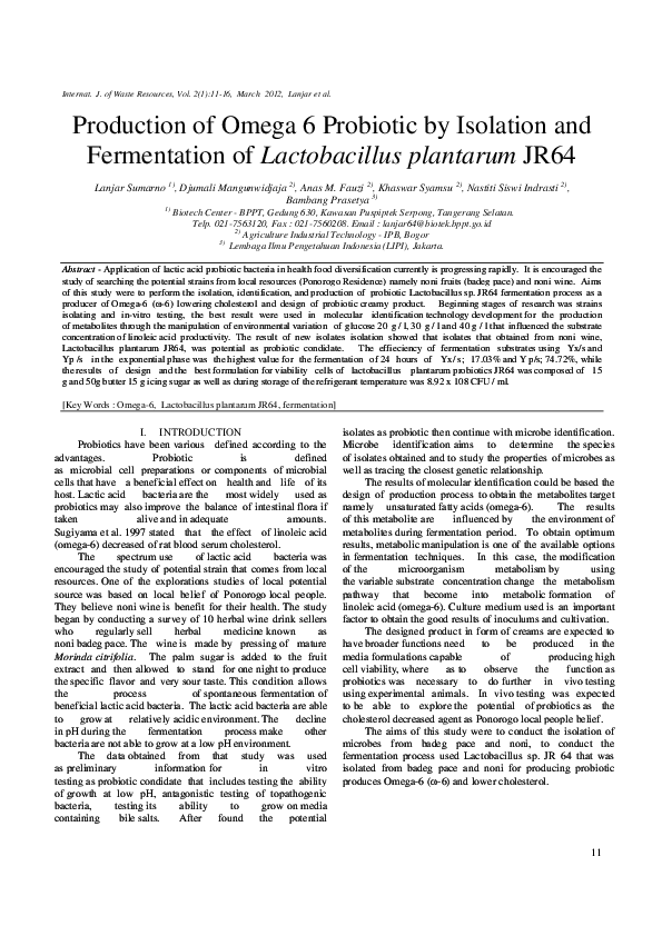 (PDF) Production of Omega 6 Probiotic by Isolation and Fermentation of