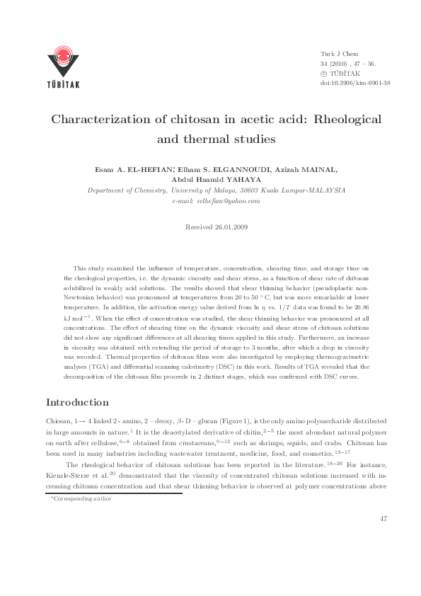 (PDF) Characterization of chitosan in acetic acid: Rheological and ...