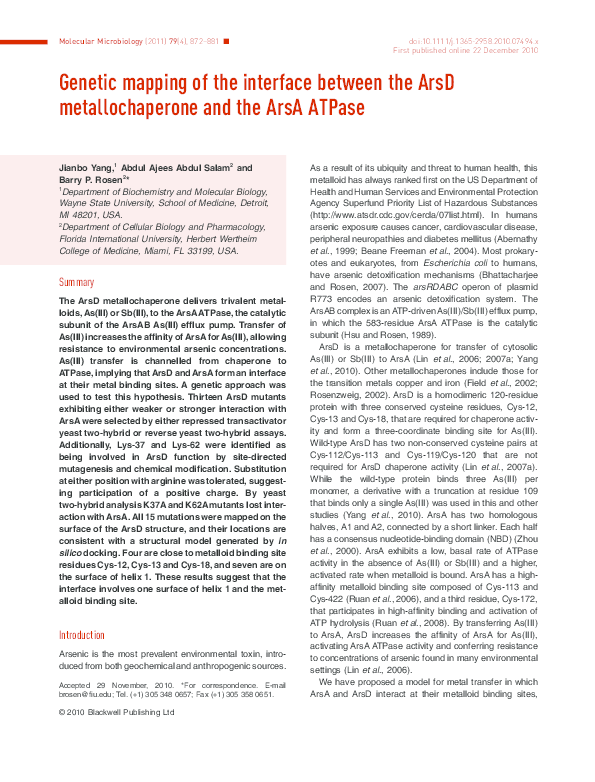(PDF) Genetic mapping of the interface between the ArsD ...