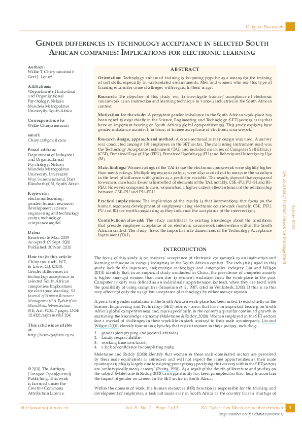 (PDF) Gender differences in technology acceptance in selected South ...