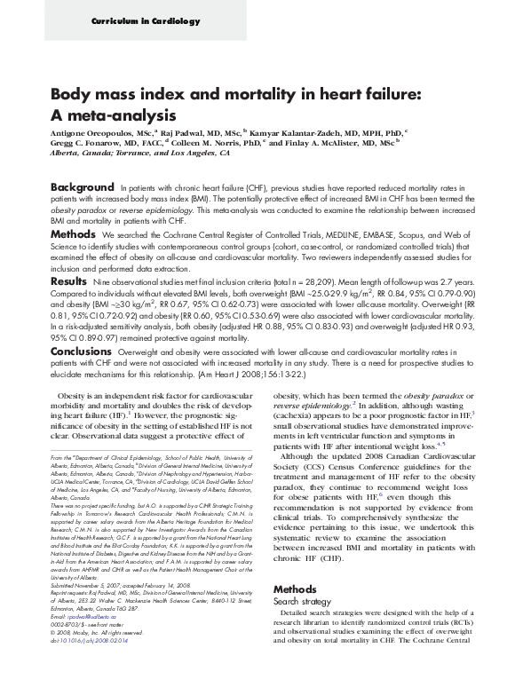 (PDF) Body mass index and mortality in heart failure: a meta-analysis