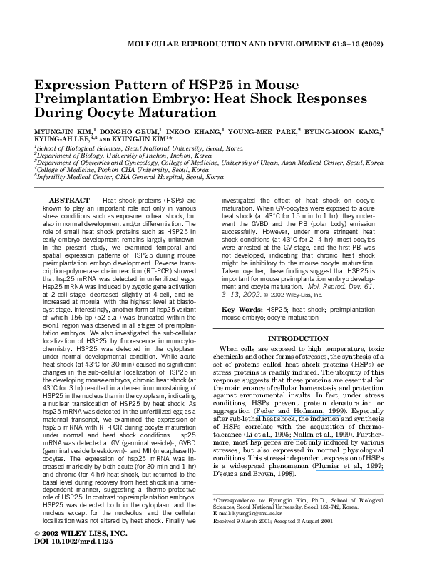 (PDF) Expression pattern of HSP25 in mouse preimplantation embryo: heat ...