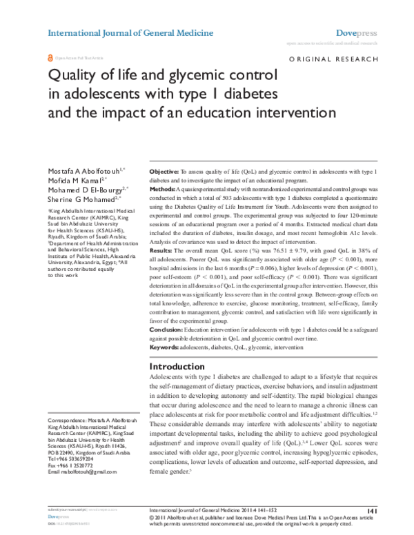 (PDF) Quality of life and glycemic control in adolescents with type 1 ...