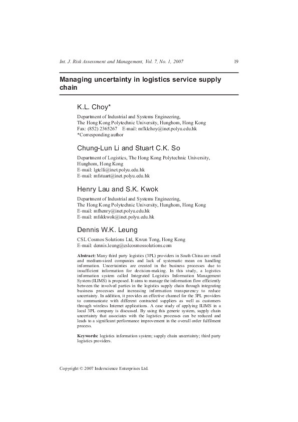 (PDF) Managing uncertainty in logistics service supply chain