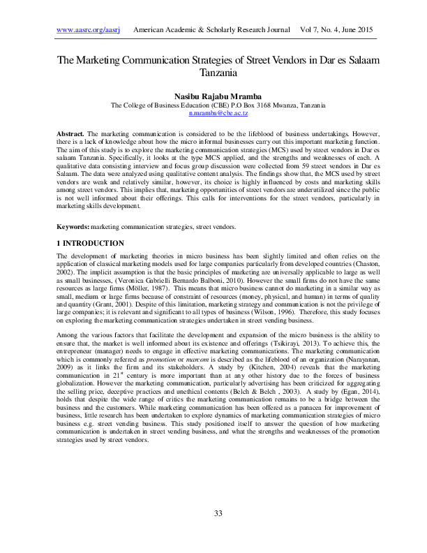 Pdf The Marketing Communication Strategies Of Street Vendors In Dar Es Salaam Tanzania Nasibu Rajabu And Nasibu Mramba Academia Edu