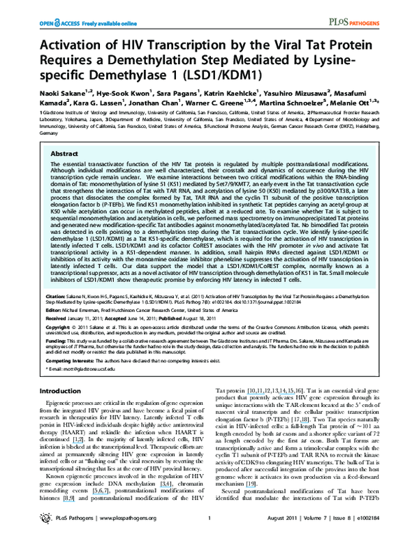 (PDF) Activation of HIV Transcription by the Viral Tat Protein Requires ...