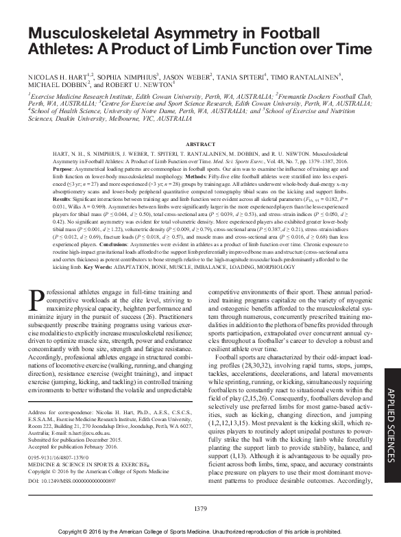Musculoskeletal Asymmetry in Football Athletes: A Product of Limb ...