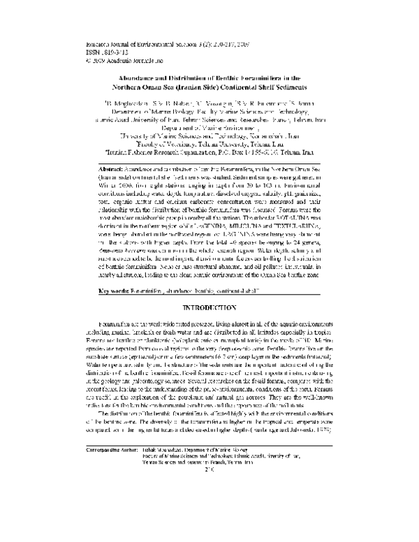 Pdf Abundance And Distribution Of Benthic Foraminifera In The Northern Oman Sea Iranian Side Continental Shelf Sediments S Jamili And B Moghaddasi Academia Edu