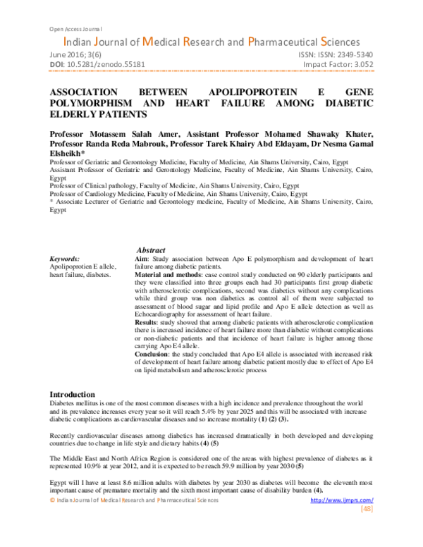 (PDF) ASSOCIATION BETWEEN APOLIPOPROTEIN E GENE POLYMORPHISM AND HEART ...