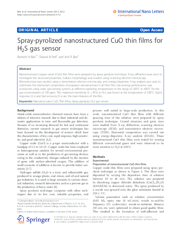 (PDF) Spray-pyrolized nanostructured CuO thin films for H2S gas sensor