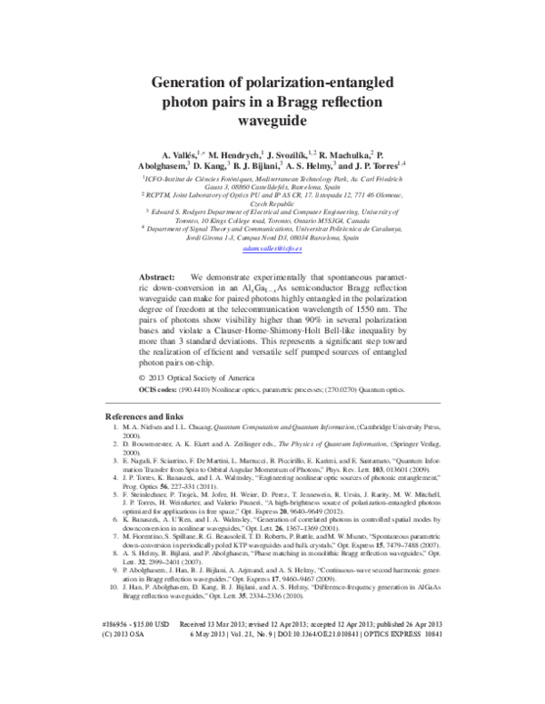 (PDF) Generation of polarization-entangled photon pairs in a Bragg ...