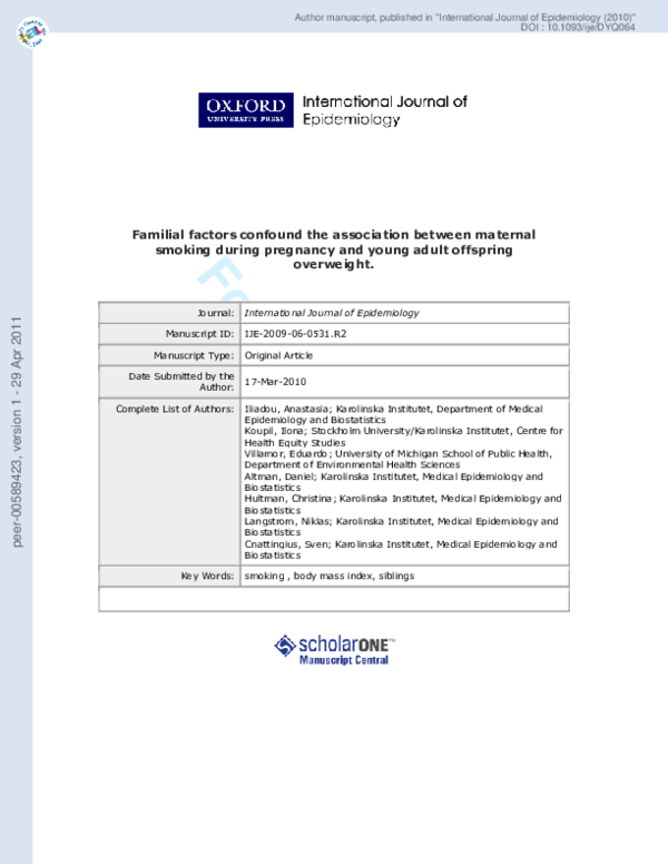 (PDF) Familial factors confound the association between maternal ...