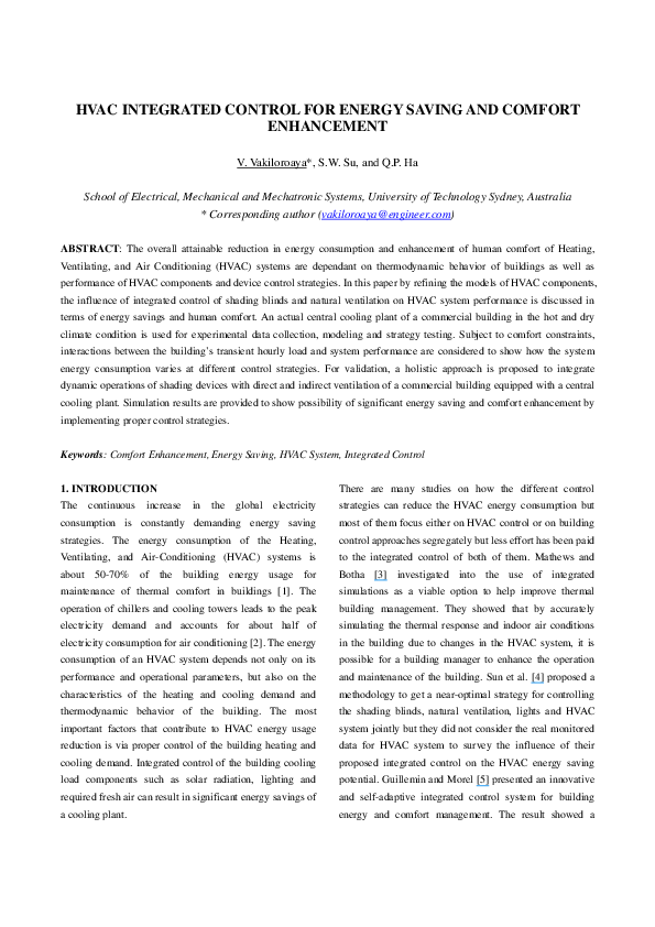 (PDF) HVAC integrated control for energy saving and comfort enhancement