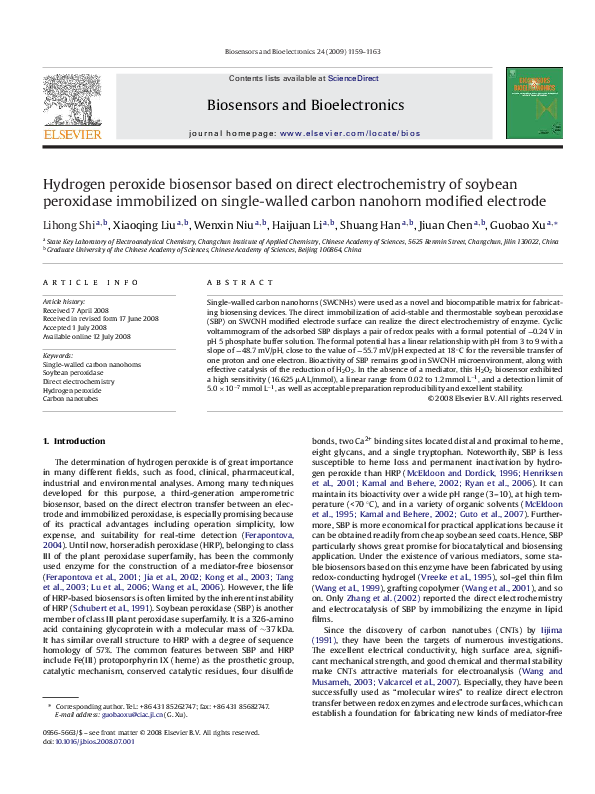 (PDF) Hydrogen peroxide biosensor based on direct electrochemistry of ...