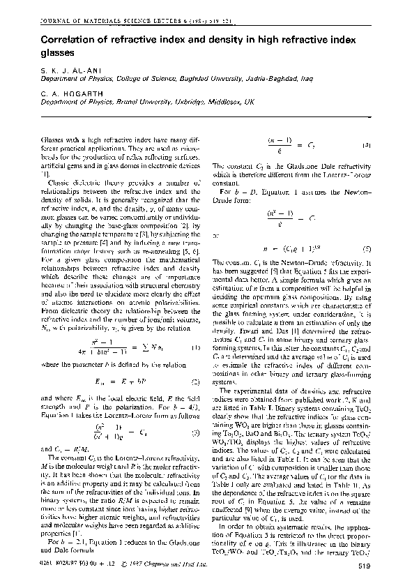 (PDF) Correlation of refractive index and density in high refractive ...