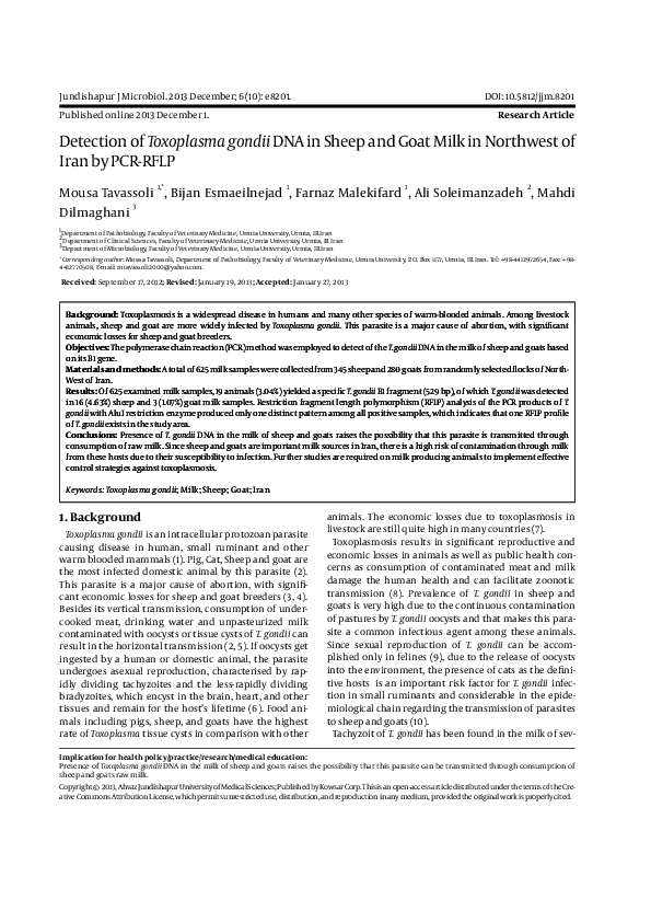 (PDF) Detection of Toxoplasma gondii DNA in Sheep and Goat Milk in ...
