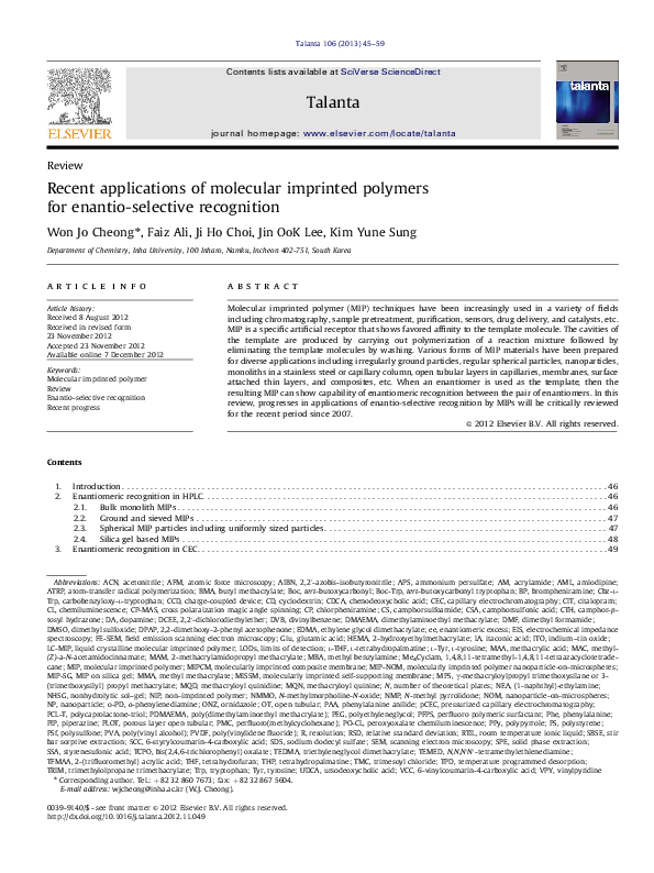 (PDF) Recent applications of molecular imprinted polymers for enantio ...