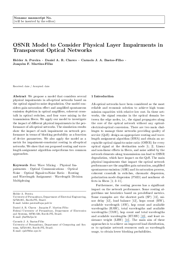 (PDF) OSNR model to consider physical layer impairments in transparent optical networks Helder