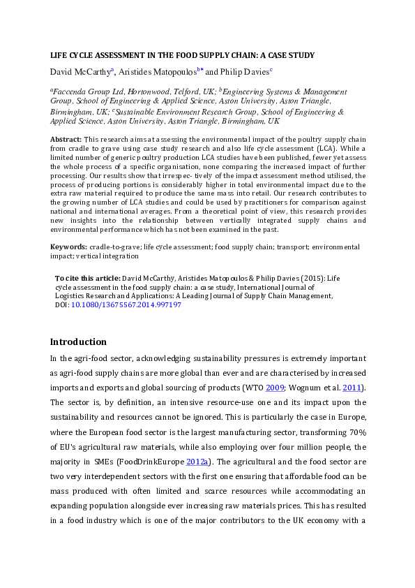 (PDF) Life cycle assessment in the food supply chain: a case study