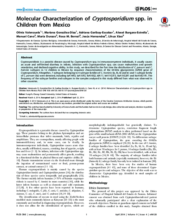 (PDF) Molecular characterization of Cryptosporidium spp. in children ...