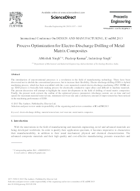 (PDF) Process Optimization for Electro-Discharge Drilling of Metal ...