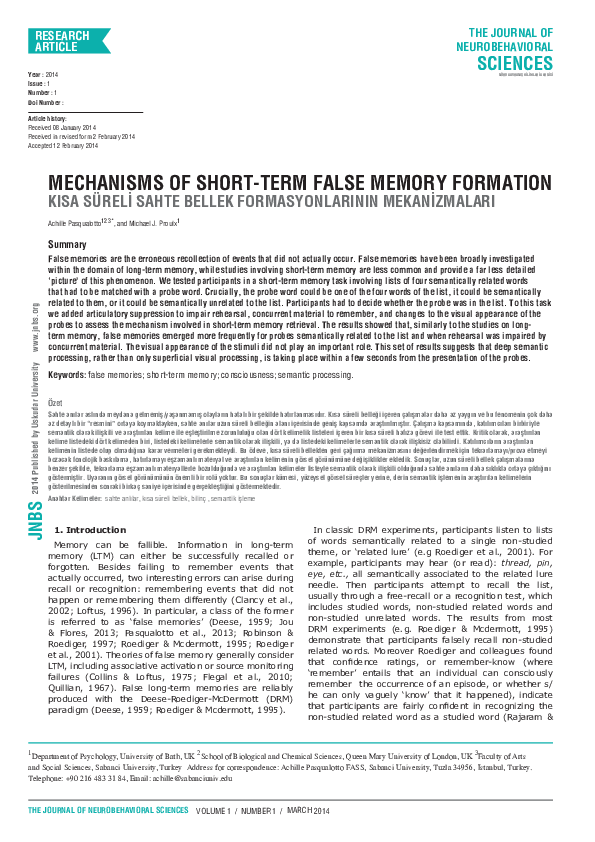 (PDF) Mechanisms of short-term false memory formation